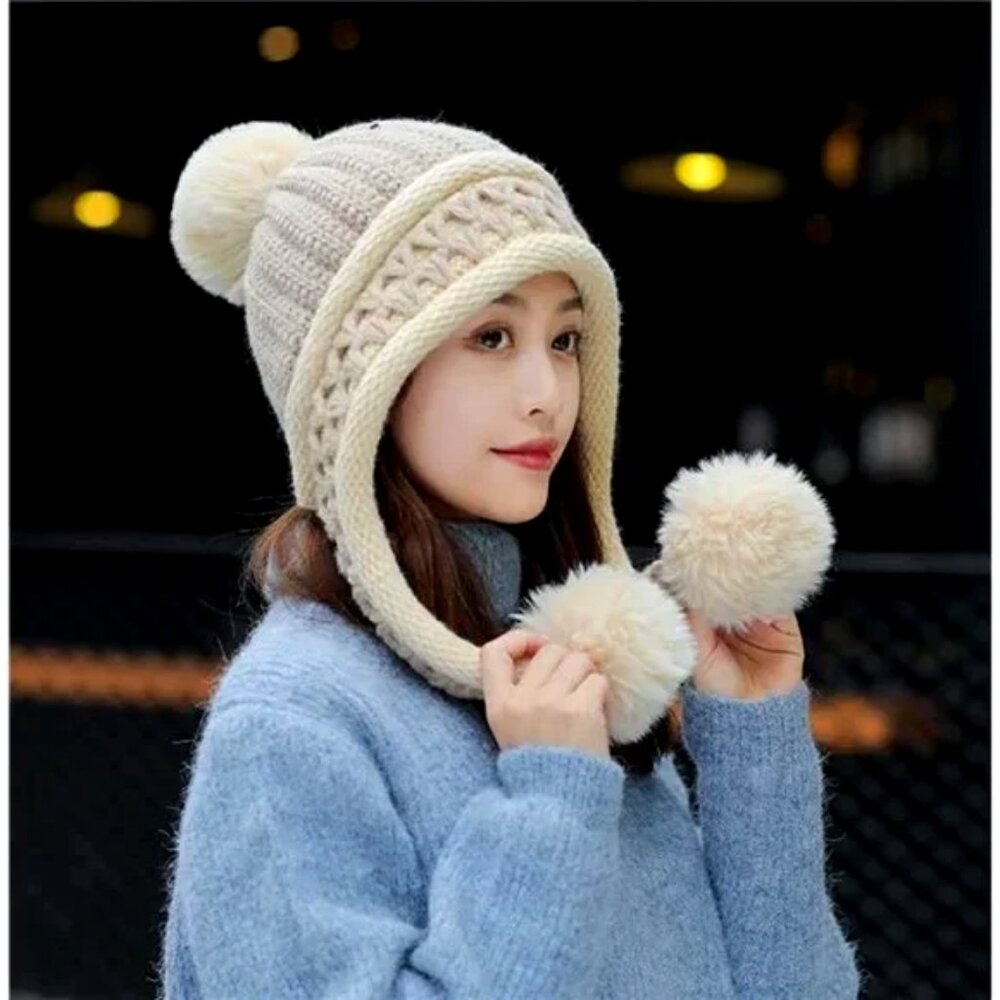 Beige Pompom Cable Knit Peruvian • Beanie - Picture 5 of 5